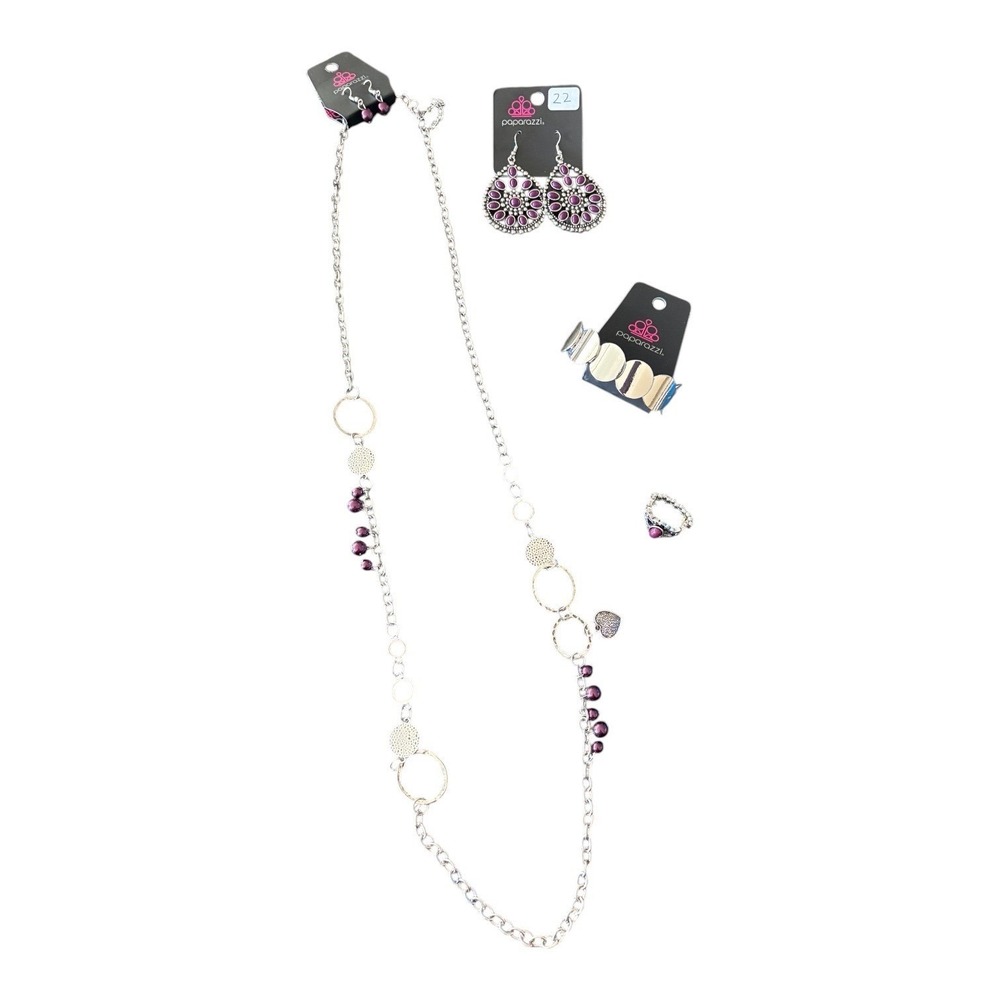 Paparazzi Jewelry Set Purple Silver Tone Necklace Earrings Bracelet Ring 4 Piece